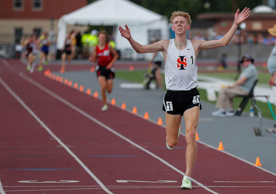 Iola-Scandinavia's Charlie Vater wins the 3,200-meter run during the WIAA Division 3 state track and field meet Friday at Veterans Memorial Stadium in La Crosse.