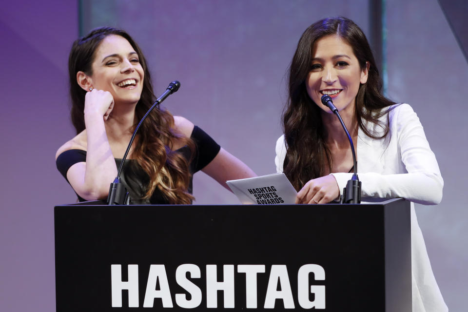 Mina Kimes, journalist & Katie Nolan, from ESPN, presents at the Hashtag Sports event at The Times Center on Tuesday, June 25, 2019 in New York. (Ann-Sophie Fjello-Jensen/AP Images for Hashtag Sports)