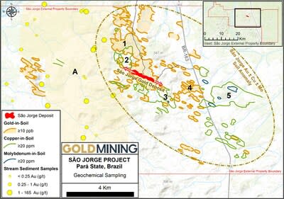 Figure 2 – São Jorge showing extent of geochemical and stream sediment anomalies. Soil geochemical anomalies labelled on the map are: (1) William South (Au); (2) Geraldo Mineiro (Au + Cu); (3) Wellington South (Au + Cu); (4) Pedro Gaucho (Au); and (5) Eye Copper Anomaly (Cu ± Mo). In addition, the area labelled ‘A’ contains broad-spaced strong Au stream sediment anomalies indicative of potential to expand the soil geochemical footprint westward. (CNW Group/GoldMining Inc.)