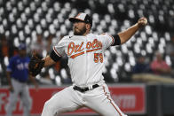 Baltimore Orioles starting pitcher Zac Lowther (59) delivers during the first inning of a baseball game against the Texas Rangers, Thursday, Sept. 23, 2021, in Baltimore. (AP Photo/Terrance Williams)