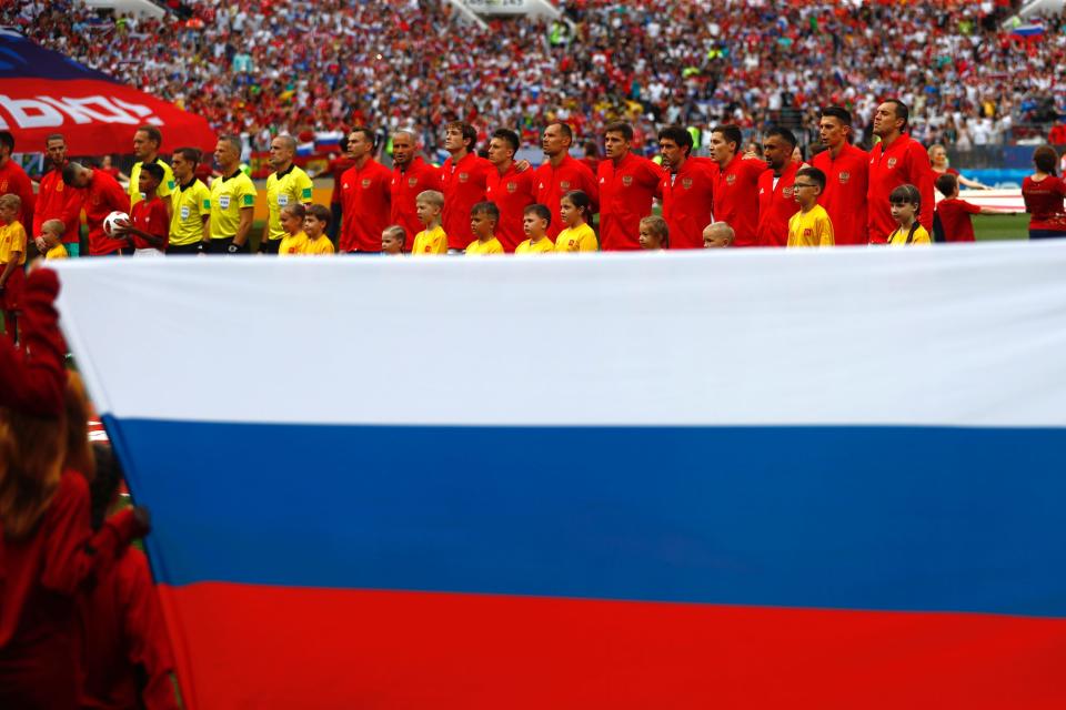 Russia's men's national team lines up ahead of a 2018 World Cup match.