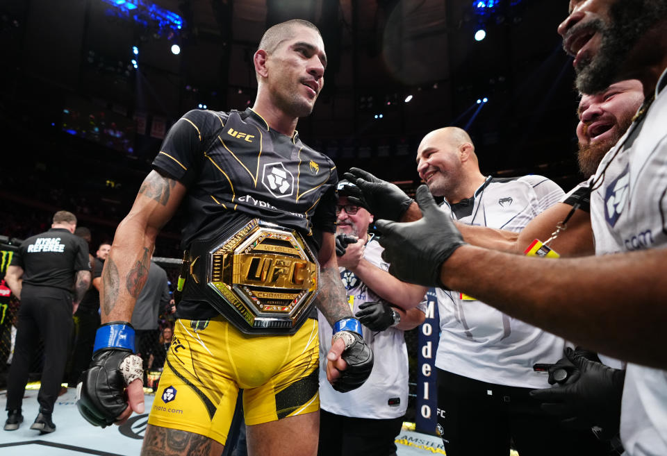 NEW YORK, NEW YORK - NOVEMBER 12: Alex Pereira of Brazil reacts after his TKO victory over Israel Adesanya of Nigeria in the UFC middleweight championship bout during the UFC 281 event at Madison Square Garden on November 12, 2022 in New York City. (Photo by Jeff Bottari/Zuffa LLC)