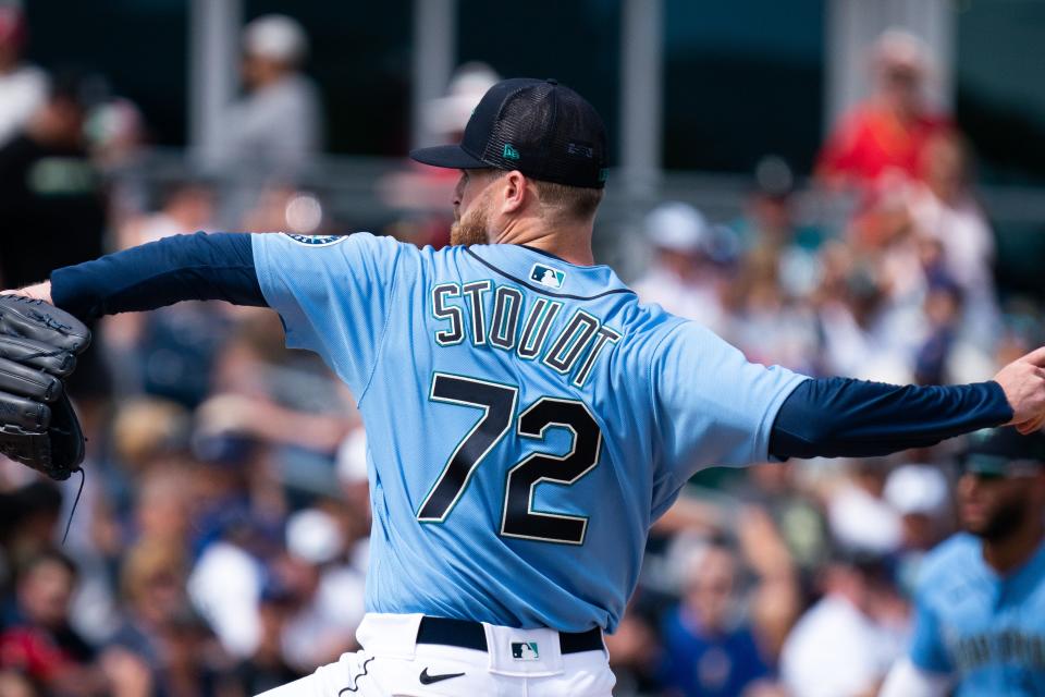 Mar 19, 2022; Peoria, Arizona, USA; Seattle Mariners pitcher Levi Stoudt (72) on the mound against the Los Angeles Dodges during spring training at Peoria Sports Complex. Mandatory Credit: Allan Henry-USA TODAY Sports