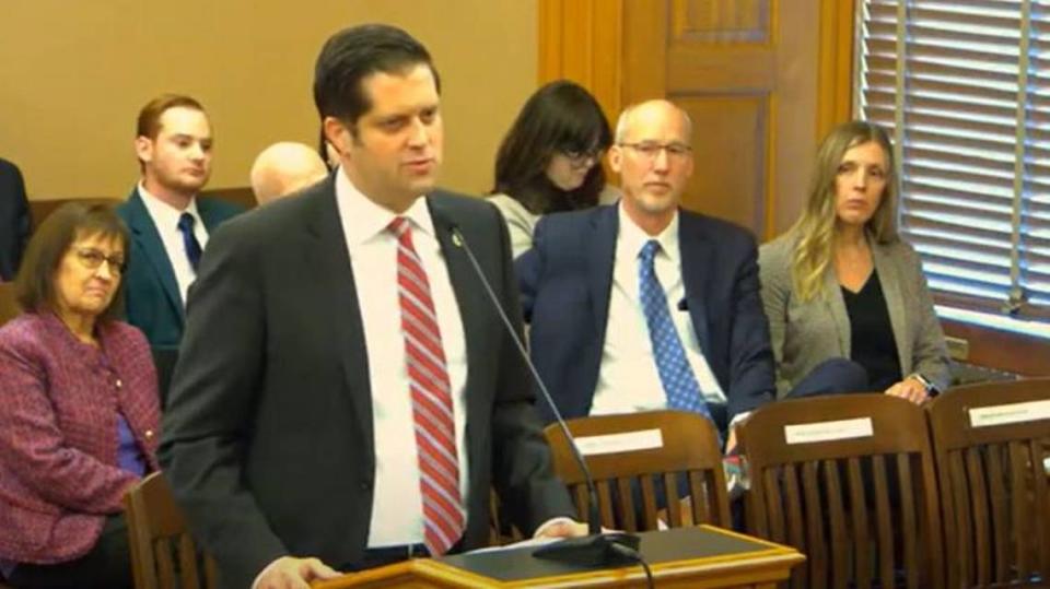 Jon Rolph speaks to lawmakers as he seeks reappointment to the Kansas Board of Regents