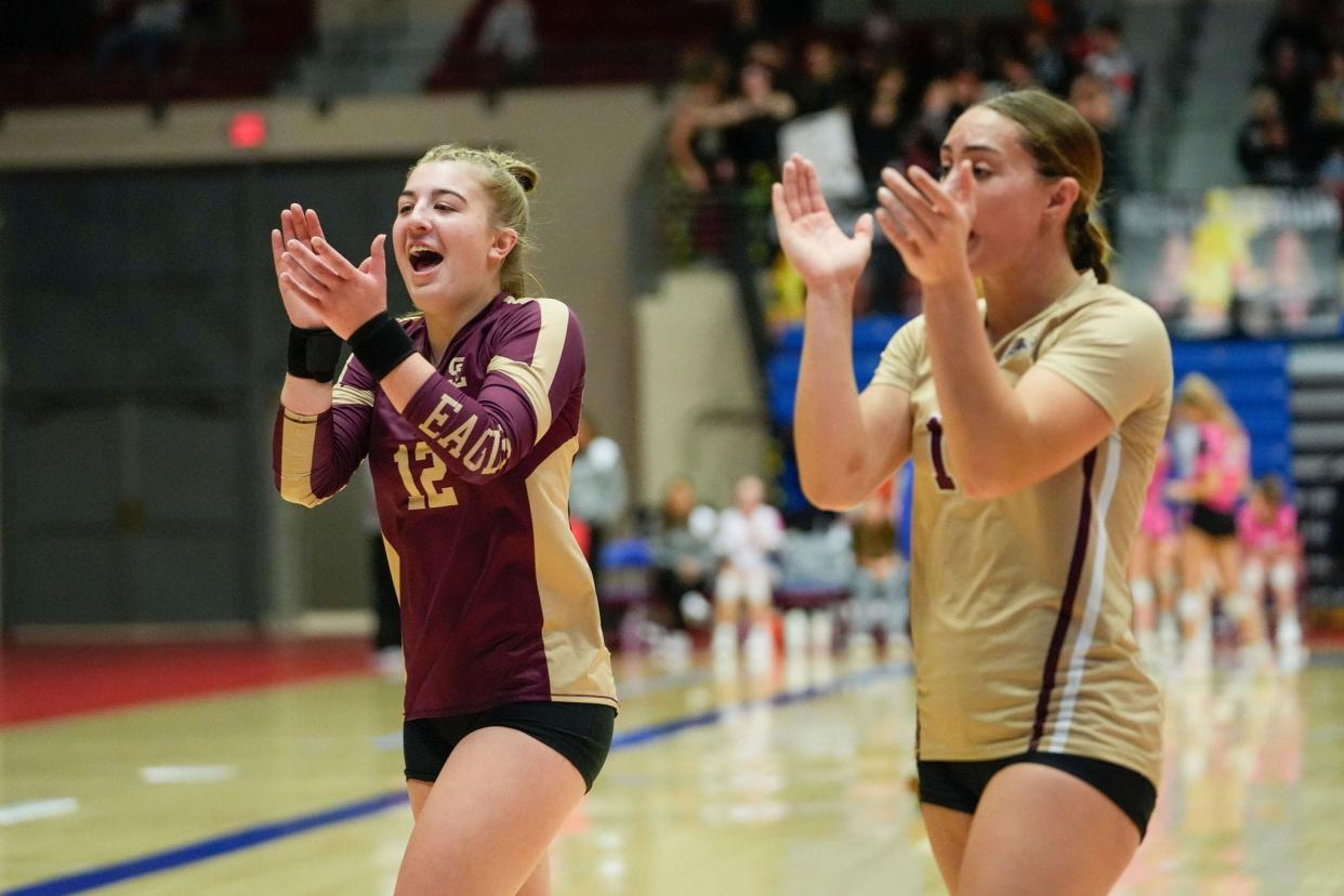 Silver Lake senior Mckinley Kruger looks to her team on the bench during the first round of pool play against Cheney on Friday, Oct. 27. at Hutchinson Sports Arena.