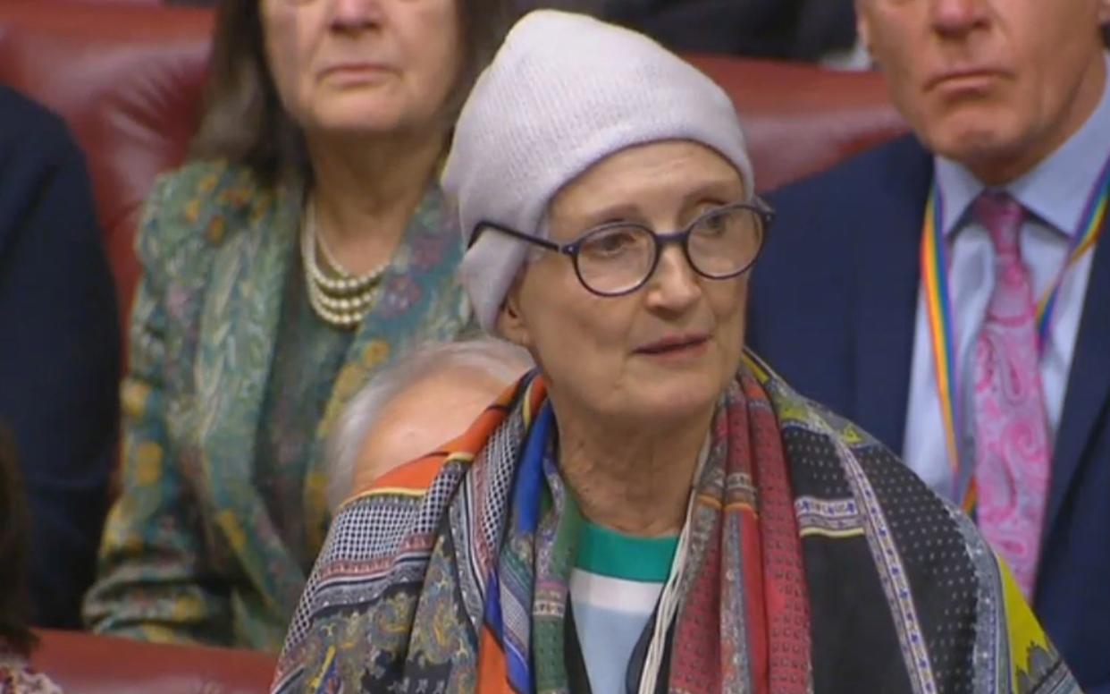 Tessa Jowell was wearing the skull cap during her Lords speech, which moved onlookers to tears - PA