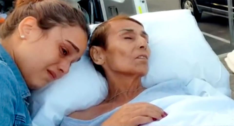 Carmen Leon de la Barra and her daughter share the emotional moment two days before the palliative care patient passed away. Source: Sunrise