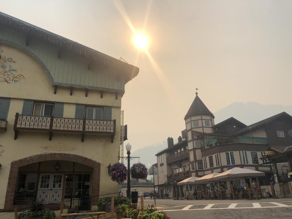 Smoke blocks the Sun and landscape in downtown Leavenworth, Washington.