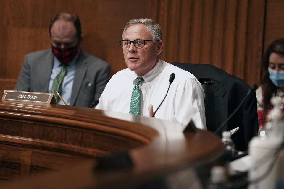 Sen. Richard Burr, R-N.C., attends a Senate Health, Education, Labor and Pensions Committee hearing to discuss vaccines and protecting public health during the coronavirus pandemic on Capitol Hill, Wednesday, Sept. 9, 2020, in Washington. (Greg Nash/Pool via AP)