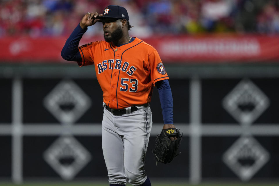 Houston Astros starting pitcher Cristian Javier celebrates the end of the fifth inning in Game 4 of baseball's World Series between the Houston Astros and the Philadelphia Phillies on Wednesday, Nov. 2, 2022, in Philadelphia. (AP Photo/Matt Slocum)