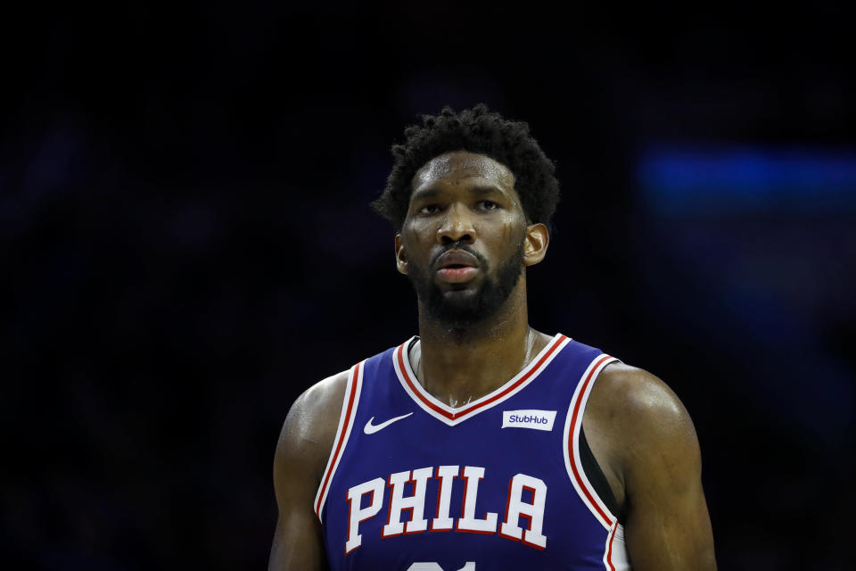 Philadelphia 76ers' Joel Embiid in action during an NBA basketball game against the Boston Celtics, Wednesday, March 20, 2019, in Philadelphia. (AP Photo/Matt Slocum)