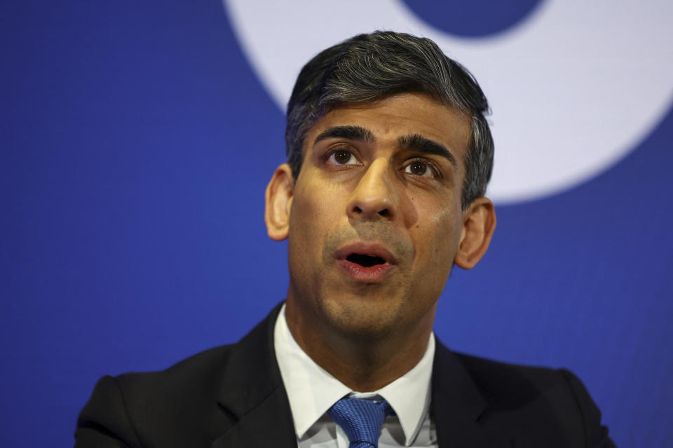 Britain's Prime Minister Rishi Sunak looks on as he visits an apprentice training centre at the Manufacturing Technology Centre (MTC), in Coventry, England, Monday March 18, 2024. (Carl Recine/Pool via AP)