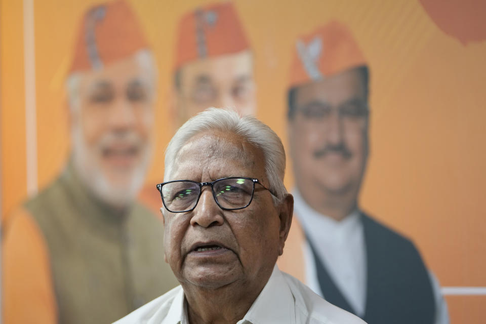 India's ruling Bharatiya Janata Party (BJP) worker Ambalal Koshti, 76, speaks during an interview with The Associated Press at BJP's Gujarat state head quarters in Gandhinagar, India, April 8, 2024. “We never imagined that we would get power in such a way,” said Koshti, who says he first brought Indian Prime Minister Modi into the political wing of the Rashtriya Swayamsevak Sangh in 1969 in their home state of Gujarat. (AP Photo/Ajit Solanki)