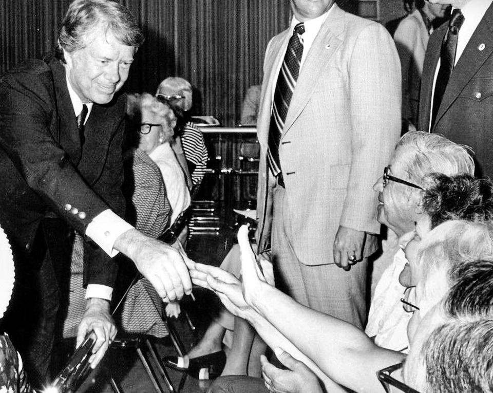 Jimmy Carter shaking hands in Jacksonville before the March 1976 state presidential primary.