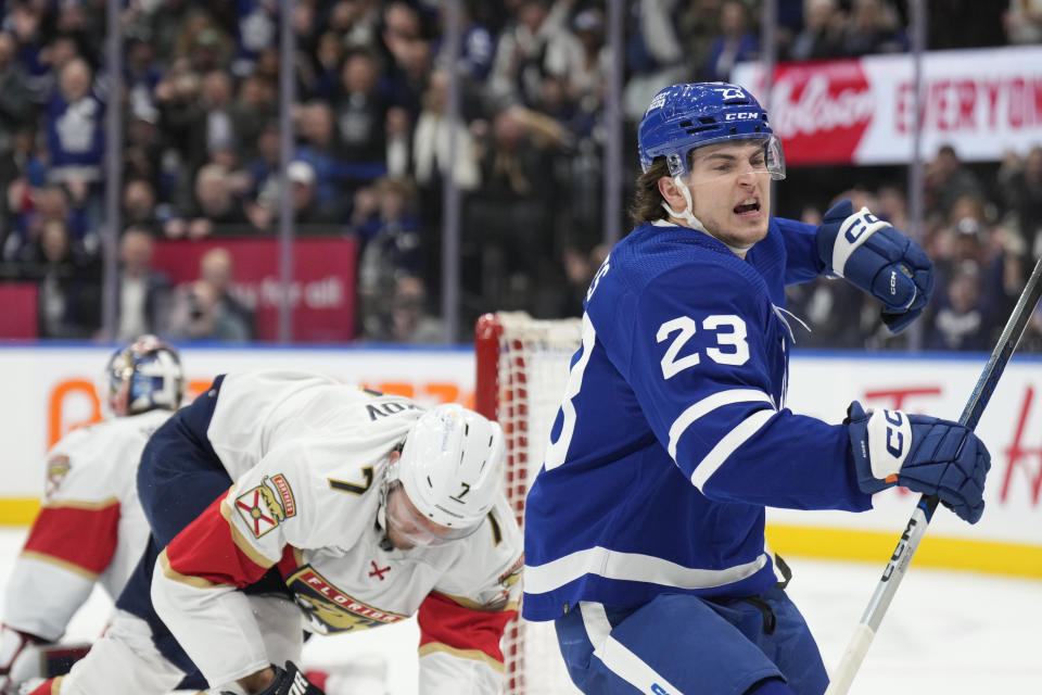 Toronto Maple Leafs left wing Matthew Knies (23) celebrates scoring against the Florida Panthers during the second period of an NHL hockey game in Toronto on Monday, April 1, 2024. (Frank Gunn/The Canadian Press via AP)
