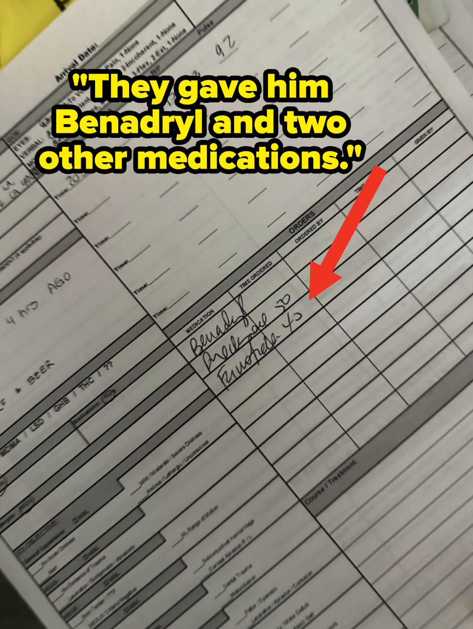 medical form with three medications written down including Benadryl