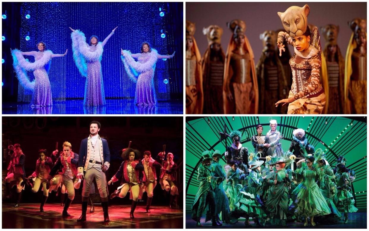 Our guide to the best shows in London, from Hamilton (bottom left) to Wicked (bottom right)