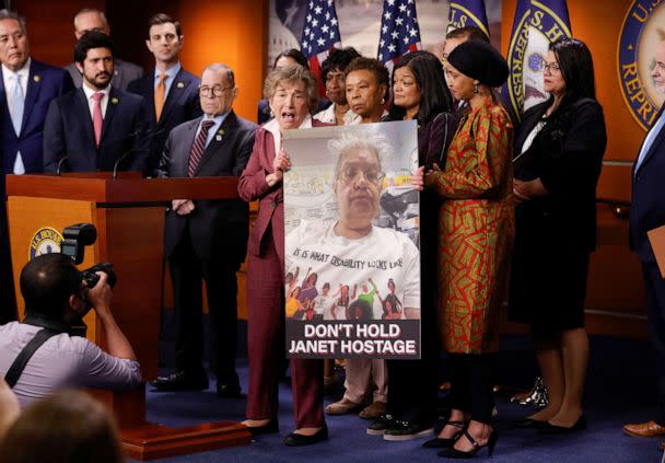 PHOTO: Rep. Jan Schakowsky holds a picture of one of her constituents during a House Progressive Caucus news conference on Capitol Hill, May 24, 2023. (Jonathan Ernst/Reuters)