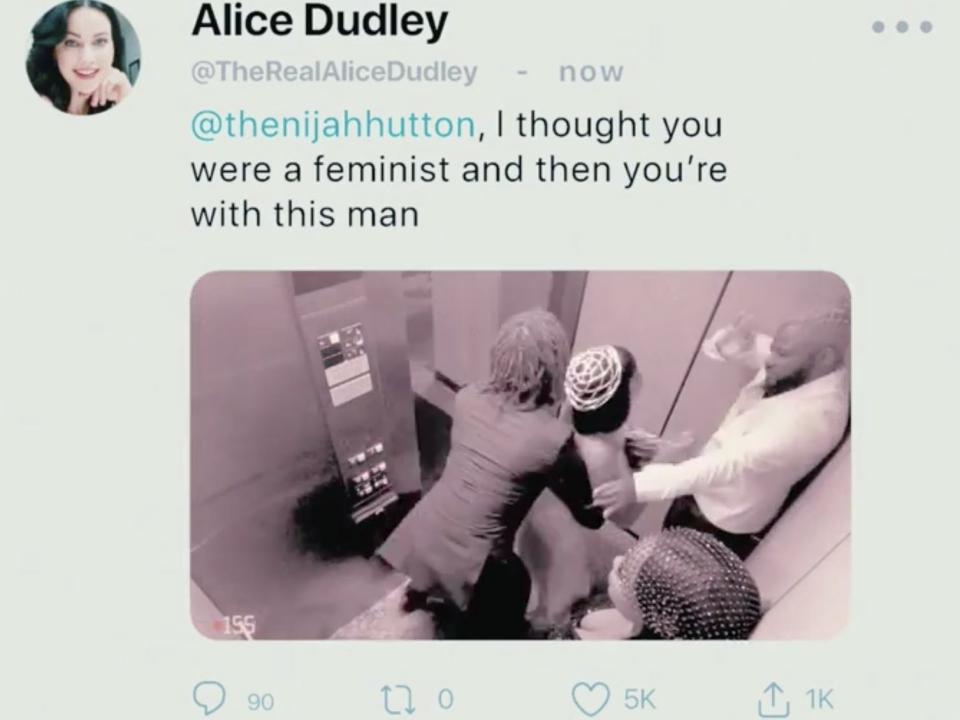 An image of a tweet from fictional user Alice Dudley, showing footage of a fight in an elevator between Ni'Jah, her sister, and Caché on "Swarm."