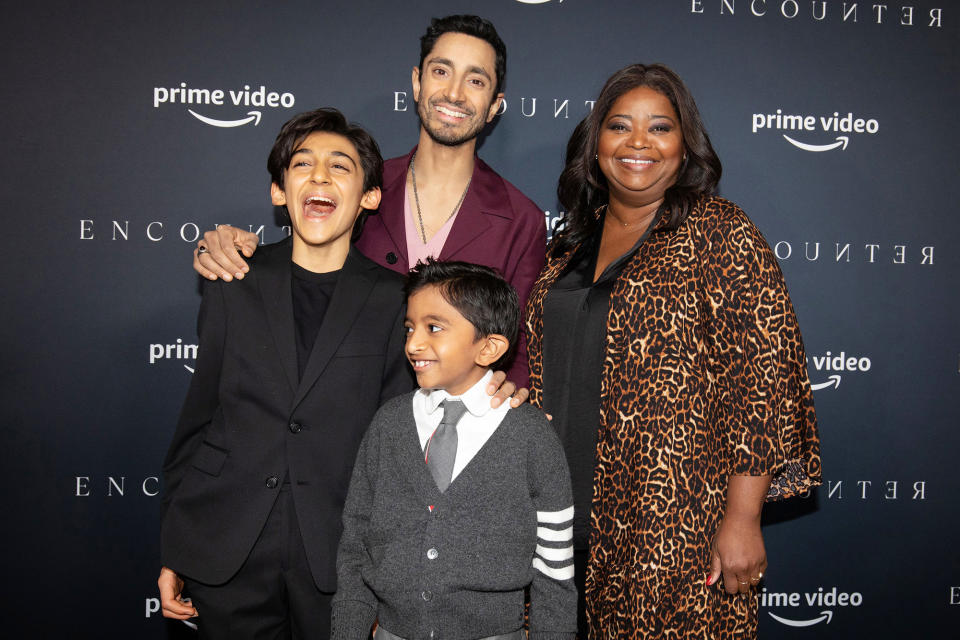 <p>Riz Ahmed and Octavia Spencer, alongside their young costars Lucian-River Chauhan and Aditya Geddada, attend the premiere of <em>Encounter </em>in L.A. on Dec. 2. </p>