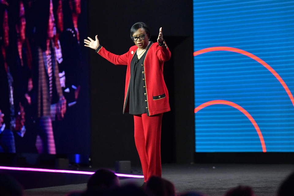 LOS ANGELES, CALIFORNIA - FEBRUARY 11: CEO of the Dallas Mavericks Cynthia “Cynt” Marshall speaks onstage during The 2020 MAKERS Conference on February 11, 2020 in Los Angeles, California. (Photo by Emma McIntyre/Getty Images for MAKERS)