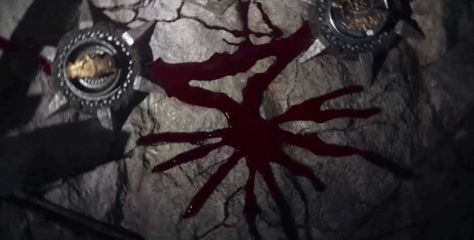 Aerial view of the Old Valyria model from the opening credits with blood dripping through it