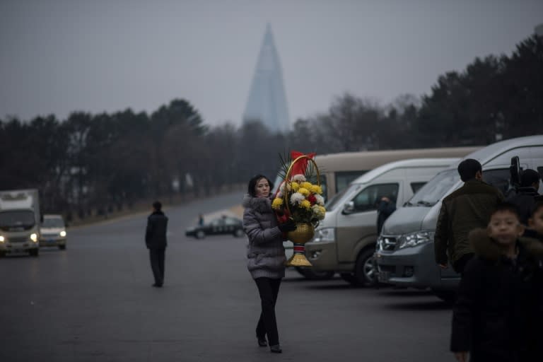 A steady stream of celebrants made their way to a hill in the centre of Pyongyang where a giant bronze statue of Kim Il-Sung, founder of the Democratic People's Republic of Korea and the family dynasty, looks out over the capital, arm outstretched