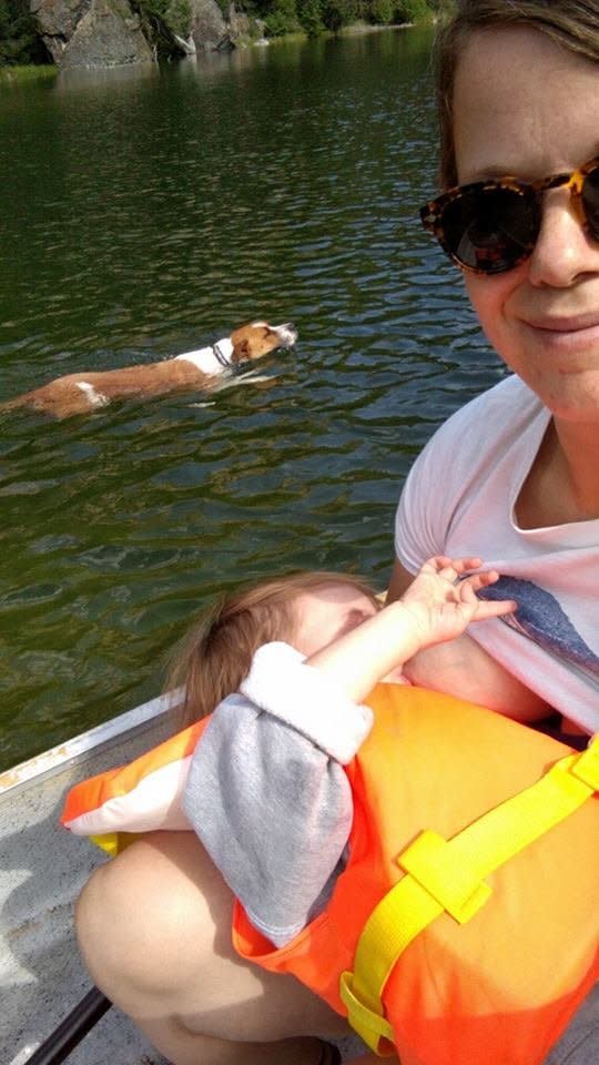 Micah Frank shared a photo of herself juggling breastfeeding with some outdoor adventure.&nbsp;"Nursing and paddling a canoe with a dog to boot!" she captioned the picture.