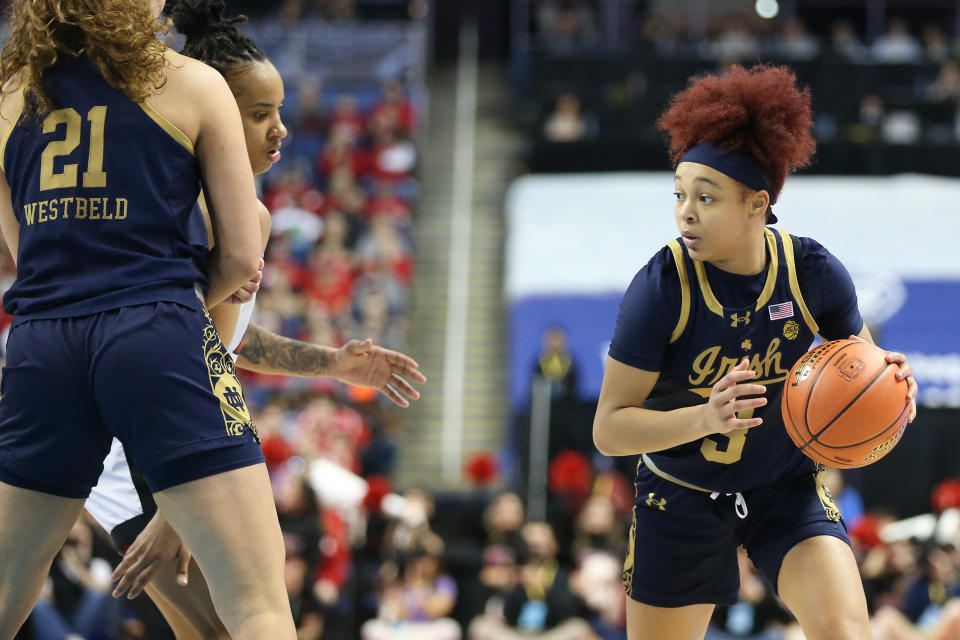 GREENSBORO, NC - MARCH 10: Notre Dame Fighting Irish guard Hannah Hidalgo (3) accepts the screen in the college basketball game between the Notre Dame Fighting Irish and the NC State Wolfpack in the championship game of the Women's ACC Tournament on March 10, 2024 at Greensboro Coliseum in Greensboro, NC. (Photo by Nicholas Faulkner/Icon Sportswire via Getty Images)