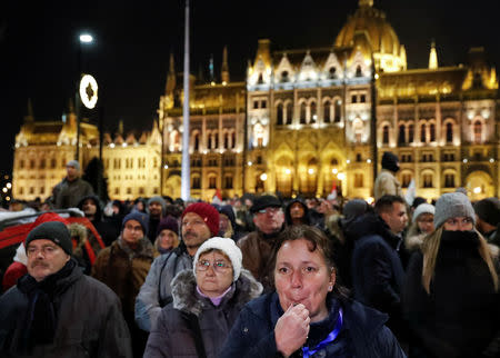 People take part in a protest against a proposed new labor law, billed as the "slave law", in front of the parliament building in Budapest, Hungary, December 16, 2018. REUTERS/Bernadett Szabo