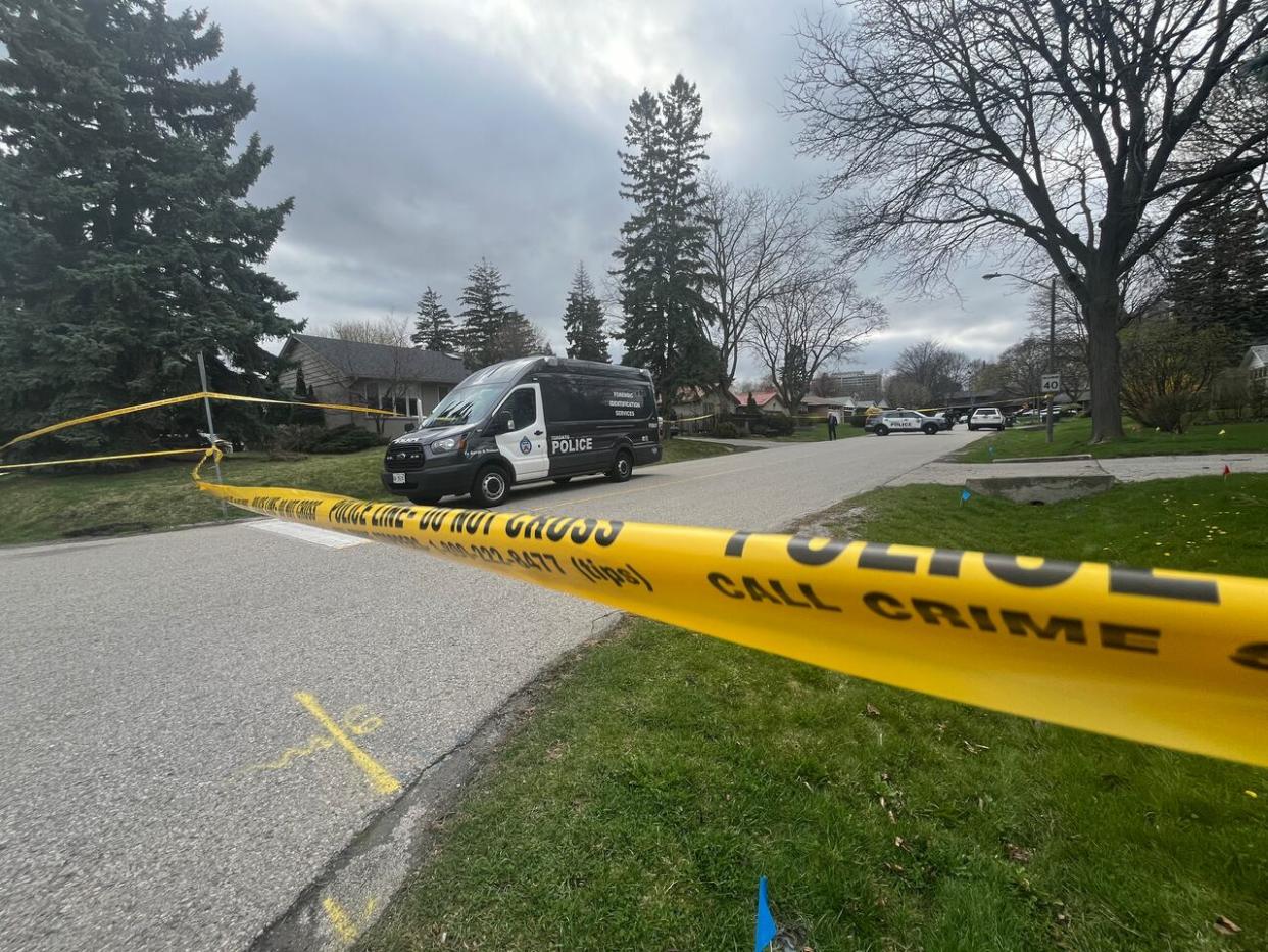 Toronto police are investigating a fatal stabbing that happened in a home in the Eglinton and Kipling avenues area. An elderly male is dead and a younger male is in custody. Police said 'it's family,' but have not commented on the nature of the relationship between victim and suspect. (Dale Manucdoc/CBC - image credit)