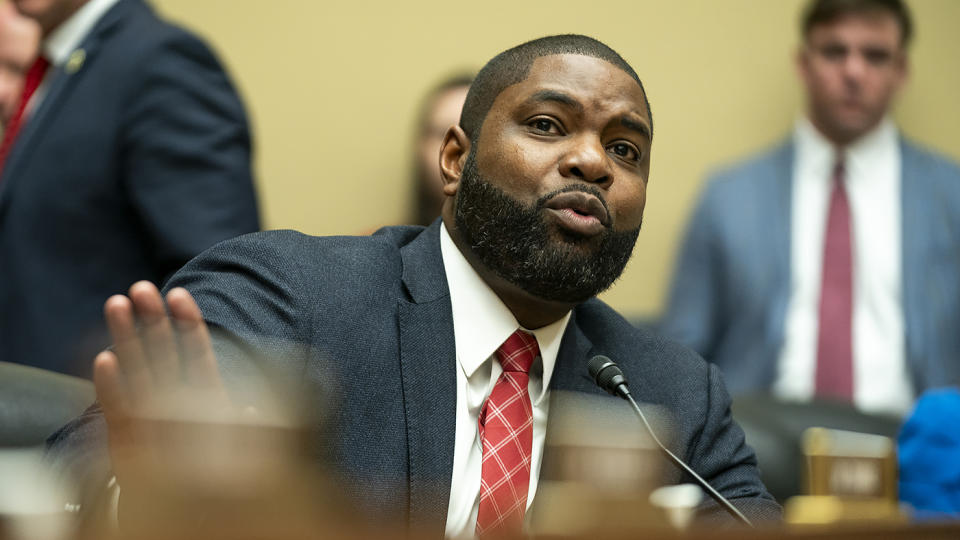 Rep. Byron Donalds (R-Fla.) reacts to a member cutting him off during his opening statement at a House Oversight and Accountability Committee markup on Jan. 10, 2024, as they consider a resolution to hold Hunter Biden in contempt of Congress for defying a subpoena.
