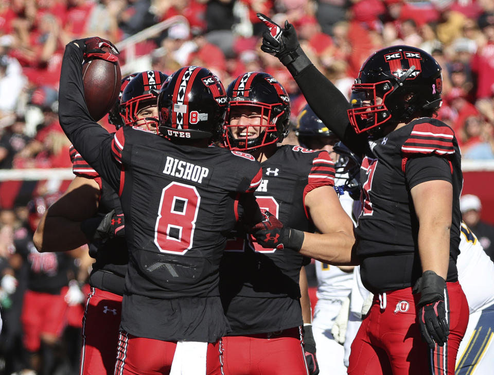 Utah safety Cole Bishop (8) comes up with a California fumble during an NCAA college football game Saturday. Oct. 14, 2023, in Salt Lake City. (Jeffrey D. Allred/The Deseret News via AP)