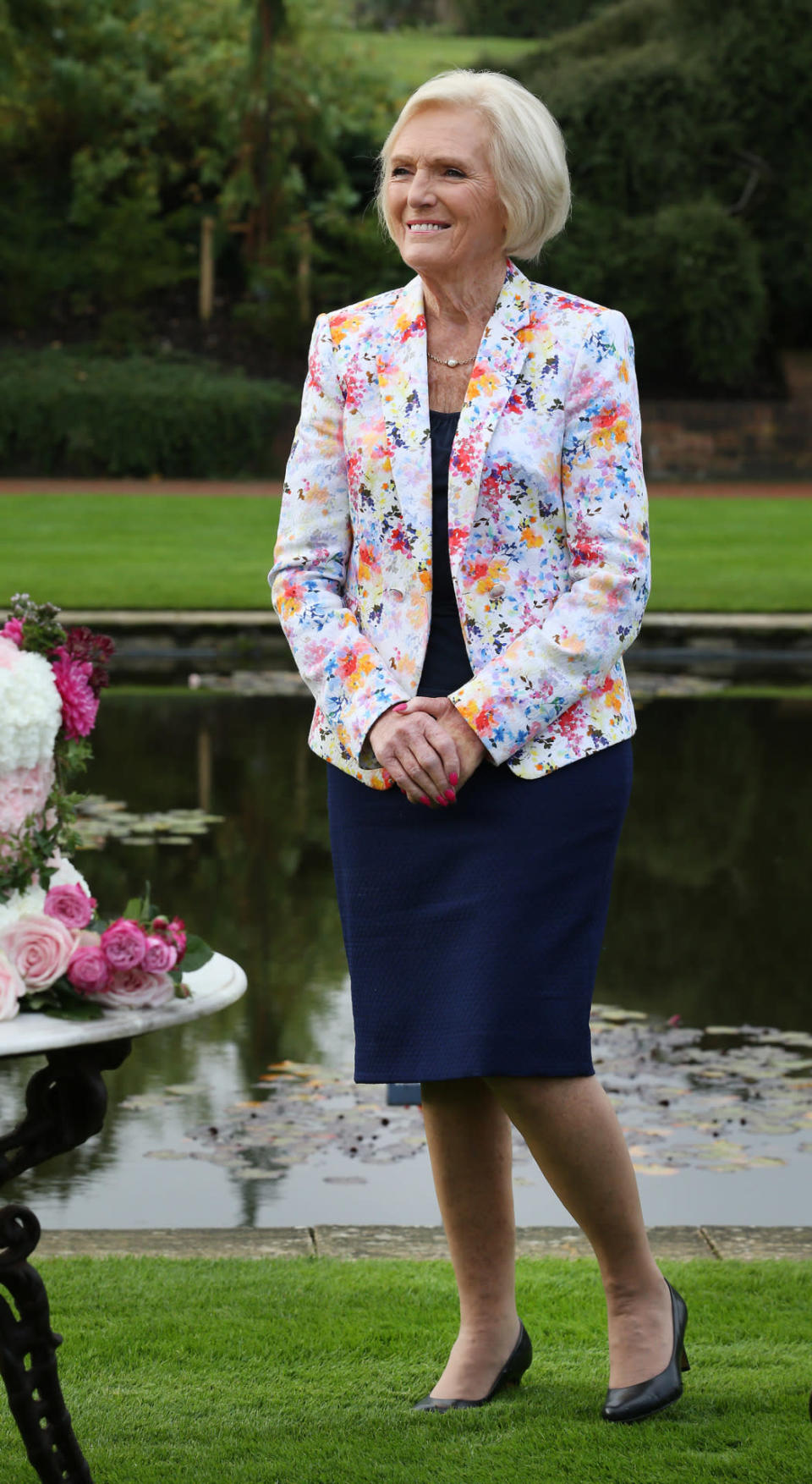 <p>For a day at the RHS Flower Show, Mary opted for a lighter coloured floral blazer, bringing a summery kick to her outfit. </p><p><i>[Photo: Getty]</i></p>