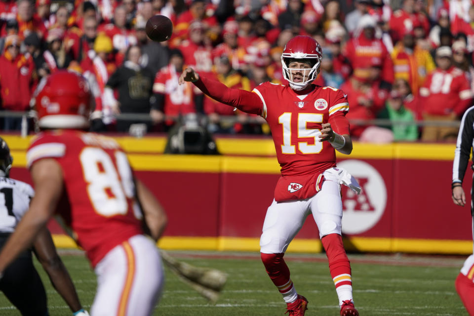 Kansas City Chiefs quarterback Patrick Mahomes throws during the first half of an NFL football game against the Jacksonville Jaguars Sunday, Nov. 13, 2022, in Kansas City, Mo. (AP Photo/Ed Zurga)