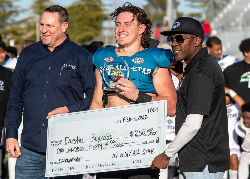 Apple Valley's Dustin Reynolds earned the Most Valuable Player award at the ALADS Antelope Valley vs. Victor Valley All-Star Football Classic on Saturday, Feb. 4, 2023.