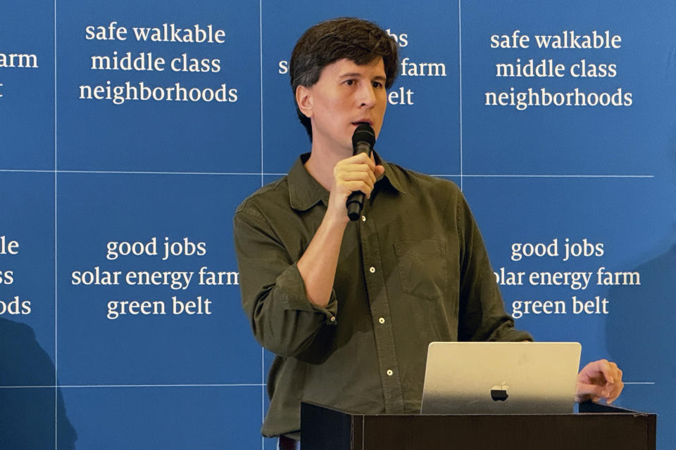 Jan Sramek, Founder & CEO, for California Forever speaks at news conference discussing plans for a new community in Solano County in Rio Vista, Calif. on Wednesday Jan. 17, 2024. (AP Photo/Terry Chea)