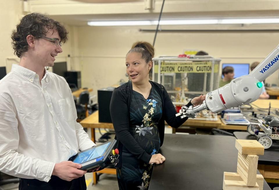 Rhode Island education Commissioner Angélica Infante-Green visited a robotics lab at the Cranston Area Career and Technical Center last year. (Rhode Island Department of Education)