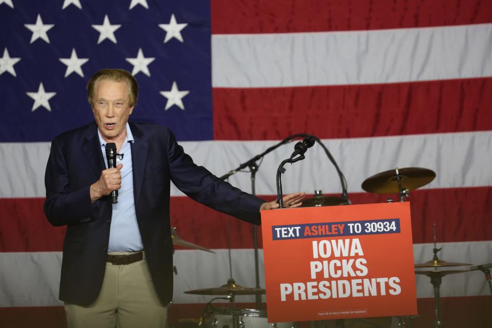 Republican presidential candidate businessman Perry Johnson speaks to guests at Ashley's BBQ Bash hosted by Congresswoman Ashley Hinson (R-IA) on August 06, 2023 in Cedar Rapids, Iowa.