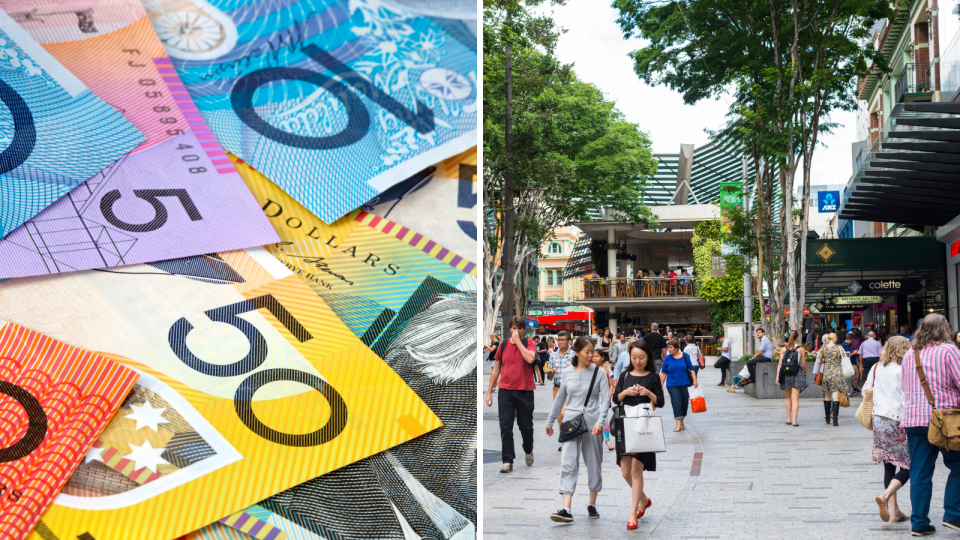 Composite image of Australian money and people walking in Brisbane city. Electricity rebate concept.