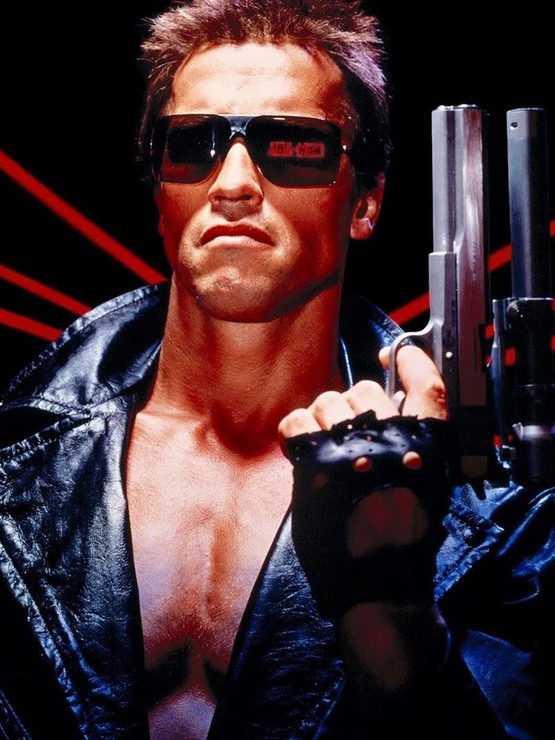 terminator poster, arnold schwarzenegger in the shades with the gun