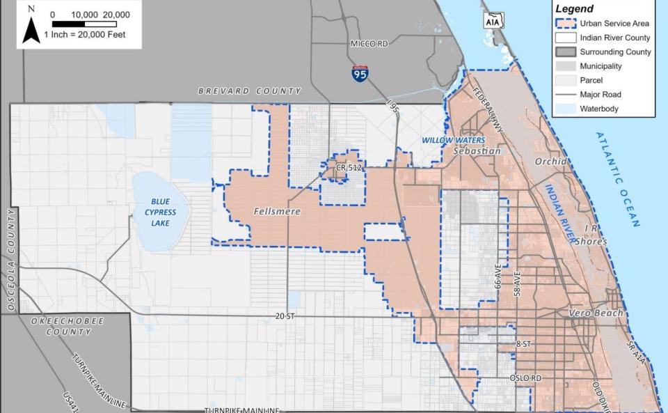 The peach areas show most areas where urban services can be provided in Indian River County. The shaded area south of County Road 510, on the north side of the white box surrounded by peach, is where Sebastian annexed about 2,000 acres for development. The white areas are for more rural zoning, where a maximum of only one unit per five acres can be developed. This image was presented as part of a county meeting May 8, 2024.