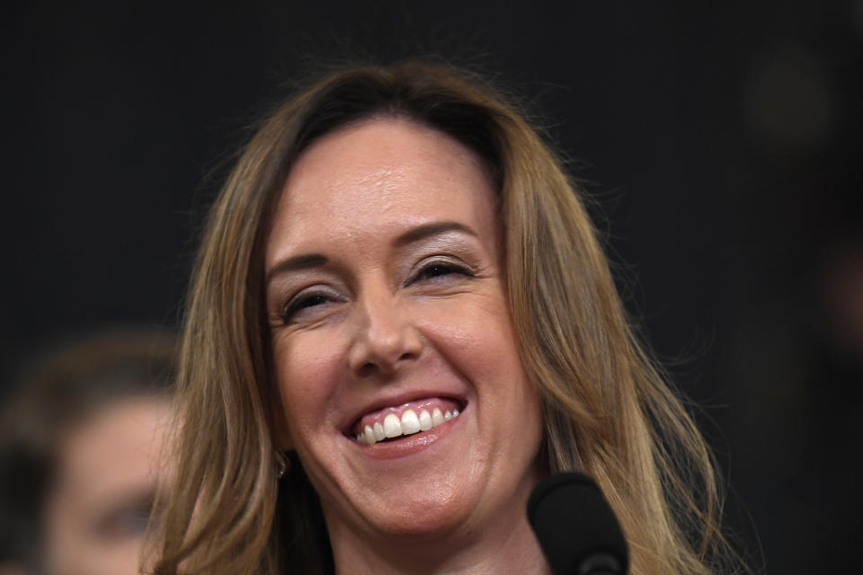 Jennifer Williams, an aide to Vice President Mike Pence testifies before the House Intelligence Committee on Capitol Hill in Washington, Tuesday, Nov. 19, 2019, during a public impeachment hearing of President Donald Trump's efforts to tie U.S. aid for Ukraine to investigations of his political opponents. (AP Photo/Susan Walsh)