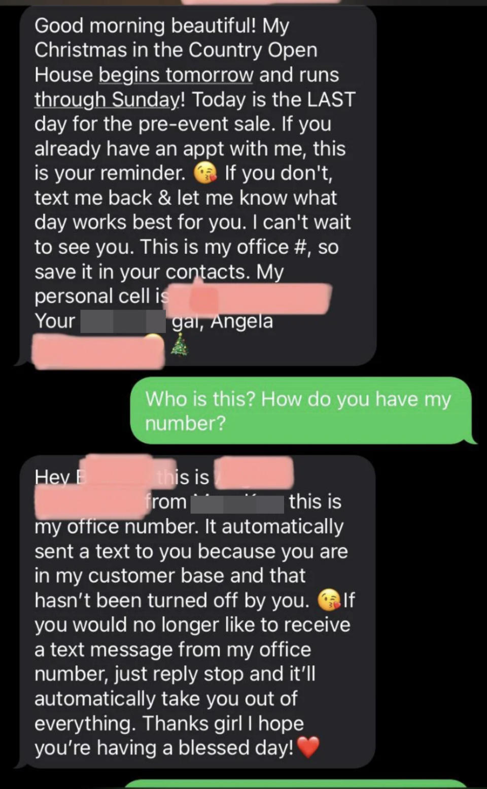 The same person sends another text about their products to the same recipient, this time from a different number