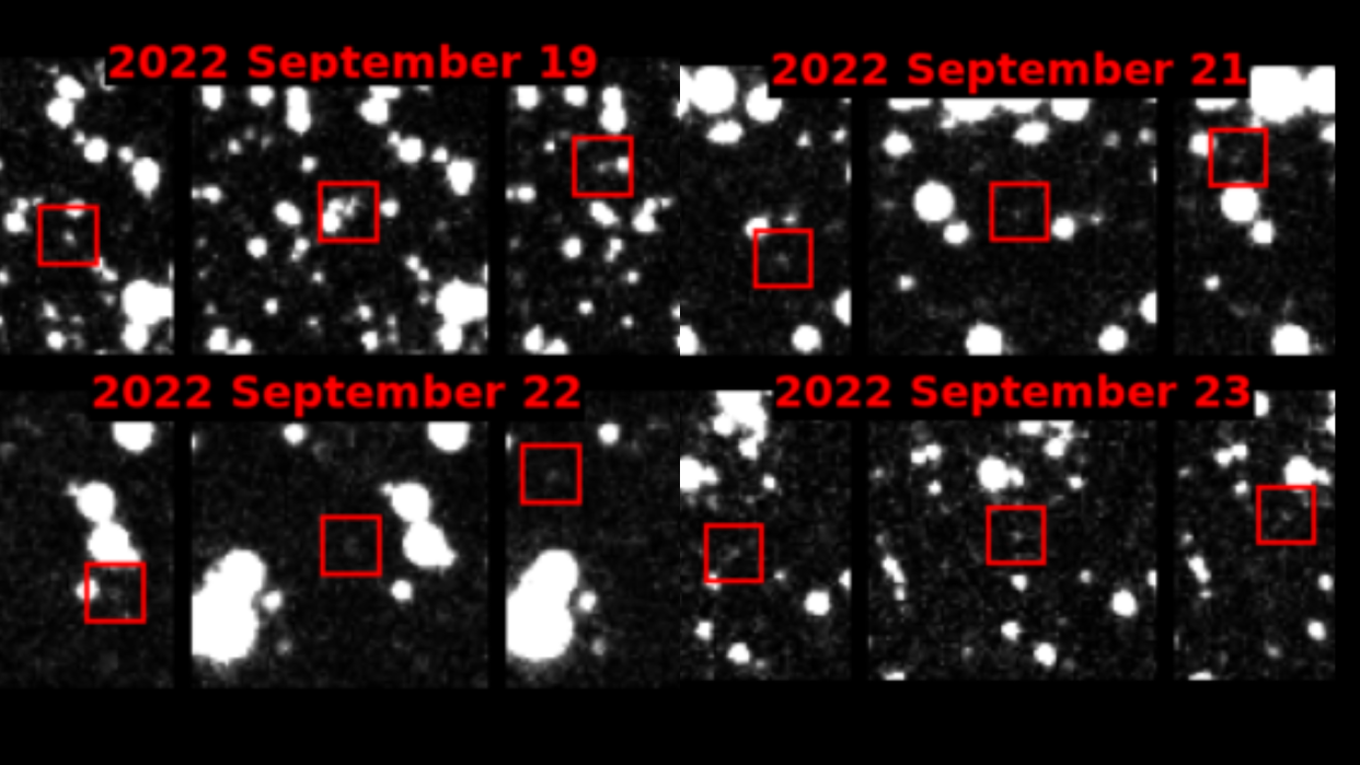  Images from the Atlas survey showing the potentially hazardous asteroid  2022 SF289 marked by red boxes 