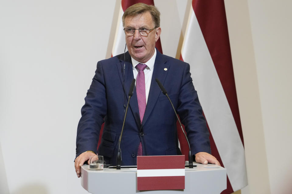 Latvia's Interior Minister Maris Kucinskis speaks to reporters following talks in Warsaw, Poland, Monday, Aug. 28, 2023. NATO members Poland and the Baltic states will seal off their borders with Russia’s ally Belarus in the event of any military incidents or a massive migrant push by Minsk, the interior ministers warned Monday. (AP Photo/Czarek Sokolowski)