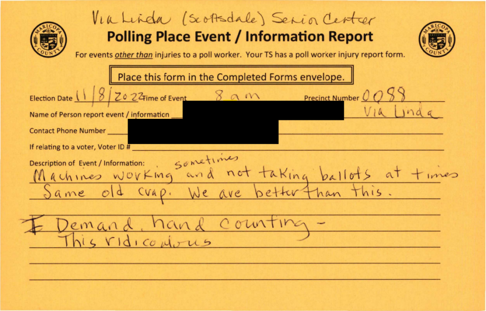 Goldenrod forms submitted about issues at Maricopa County polling locations.