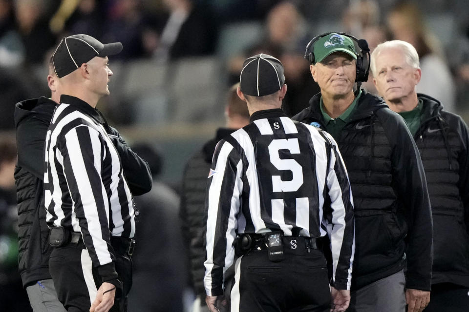 Tulane head coach Willie Fritz reacts to officials after an incomplete pass call was upheld on review during the first half of an NCAA college football game against Southern Methodist in New Orleans, Thursday, Nov. 17, 2022. (AP Photo/Gerald Herbert)