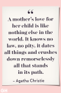 <p>A mother's love for her child is like nothing else in the world. It knows no law, no pity, it dates all things and crushes down remorselessly all that stands in its path.</p>