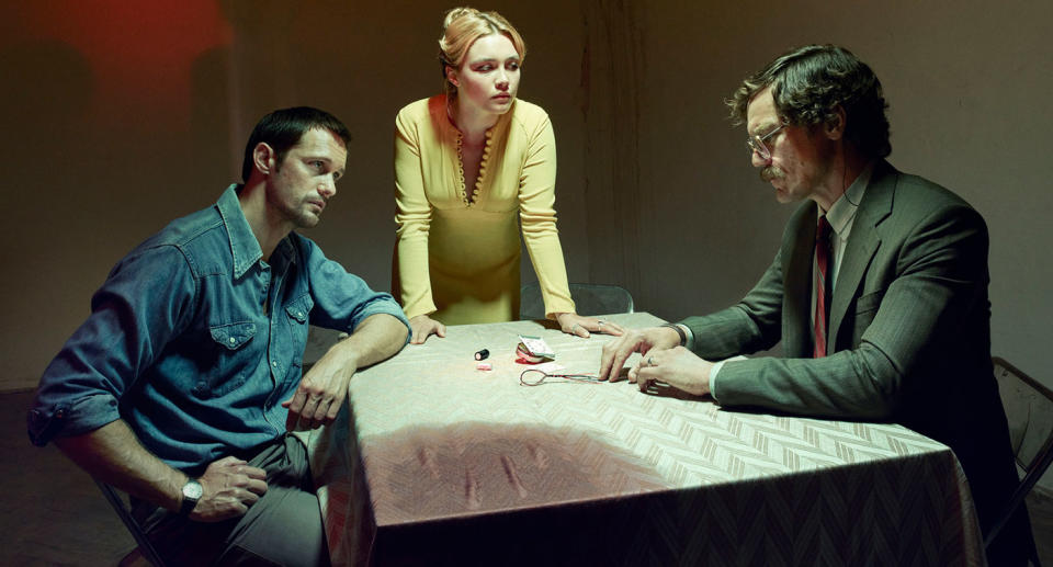 Alexander Skarsgård, Florence Pugh, and Michael Shannon in a promotional photo for The Little Drummer Girl (BBC / The Little Drummer Girl Distribution Limited.)